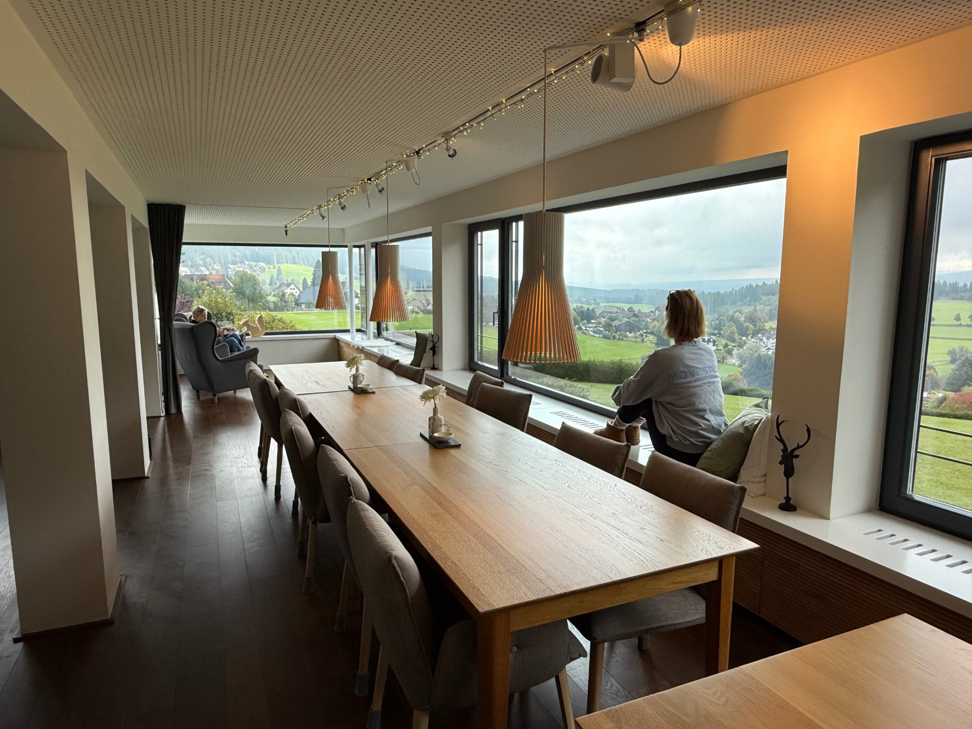 Essbereich mit langem Holztisch und Blick ins Tal