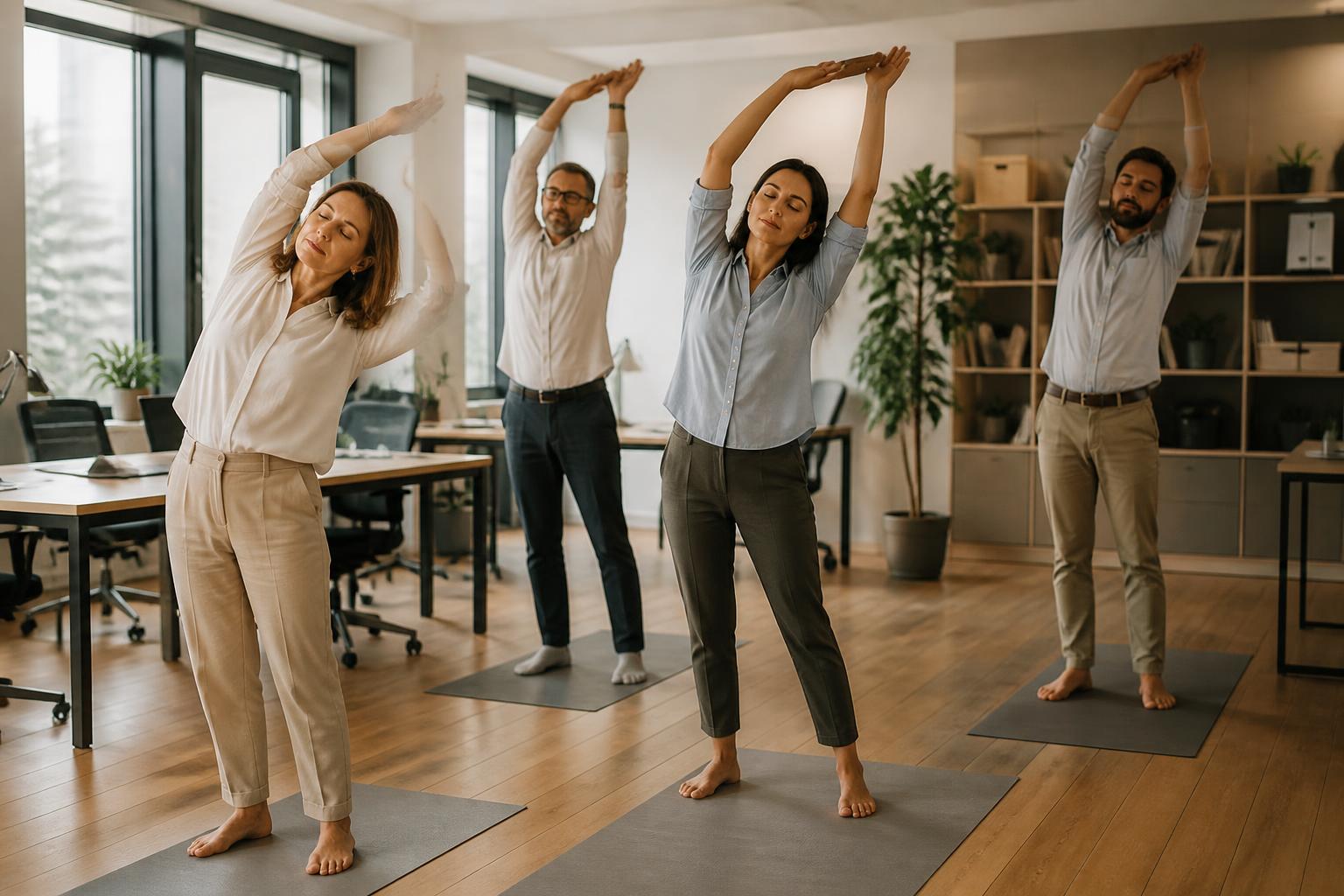 Business Yoga — Team in entspannter Seitdehnung im Büro