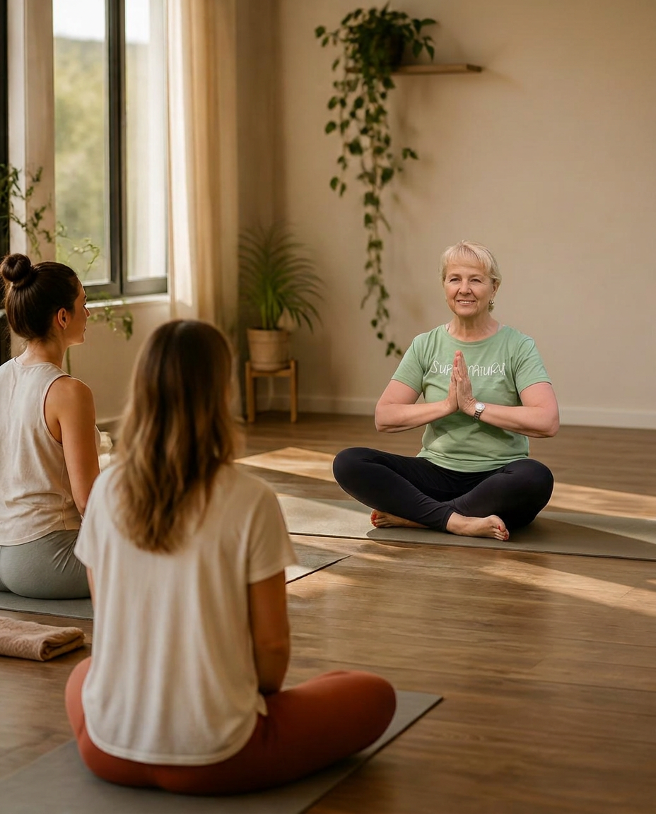 Frauen in entspannter Atmosphäre beim Hormonyoga-Workshop